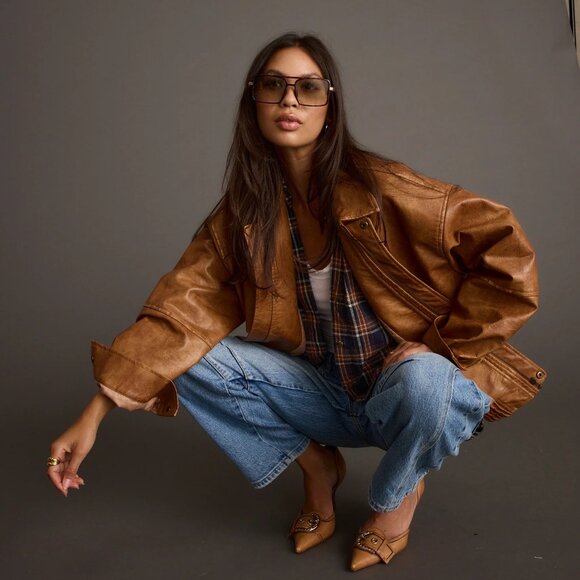 NEW 12th Tribe London Calling Cognac Oversized Faux Leather Jacket - Picture 1 of 10